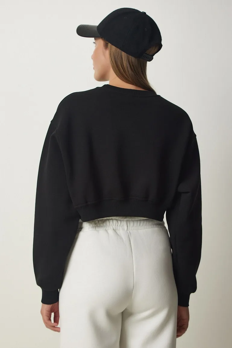Women's Black Printed Raised Crop Knitted Sweatshirt - 2