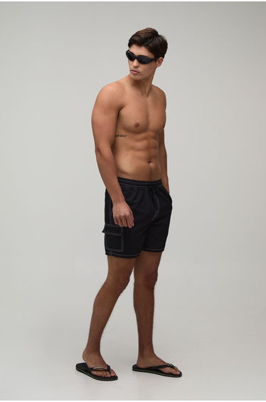 Constrast Stitch Cargo Pocket Mid Length Swim Short - black