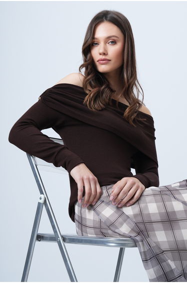 Women's Bitter Brown Madonna Collar Shoulder Detail Knitted Blouse