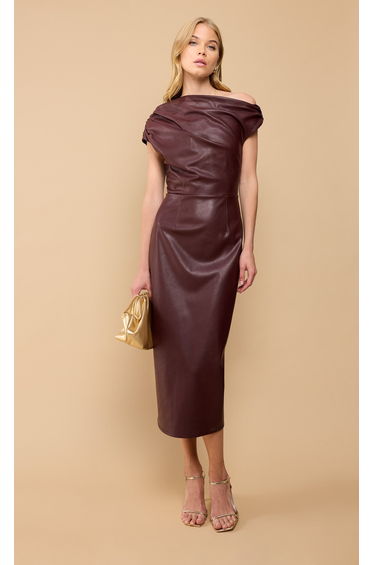Burgundy Red PU Asymmetric Neck Midaxi Dress by Vicky Pattison
