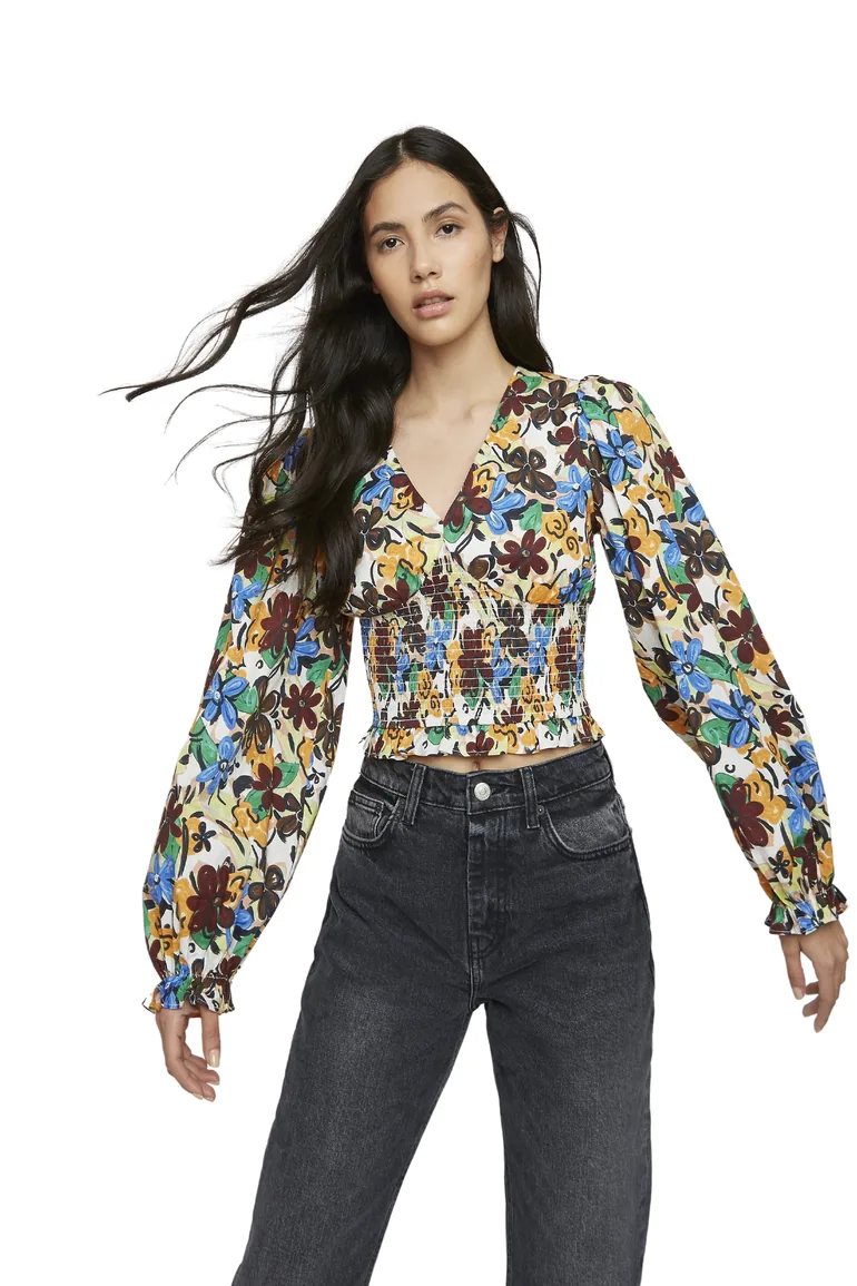 Glamorous Spring Floral V- Neck Long Sleeve Elasticated Blouse - 2