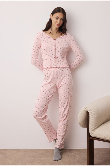 Pink 100% Cotton Floral Ribbon/Bow Corduroy/Pointel Knitted Pajama Set