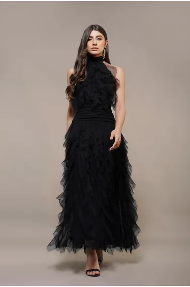 Tabitha Floor Length Ruffle Dress in Black