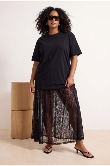 Black Lace Unlined Midi Knitted Plus Size Skirt