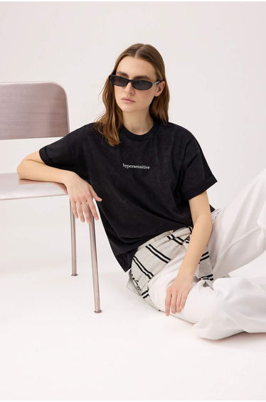 Black Embroidered Oversize/Loose Fit Short Sleeve 100% Cotton Knitted T-Shirt