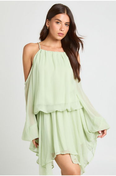 Pastel Volume Sleeve Mini Dress - sage