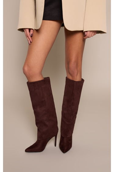 Chocolate Faux Suede Point Toe Fold Over High Heeled Calf High Boots