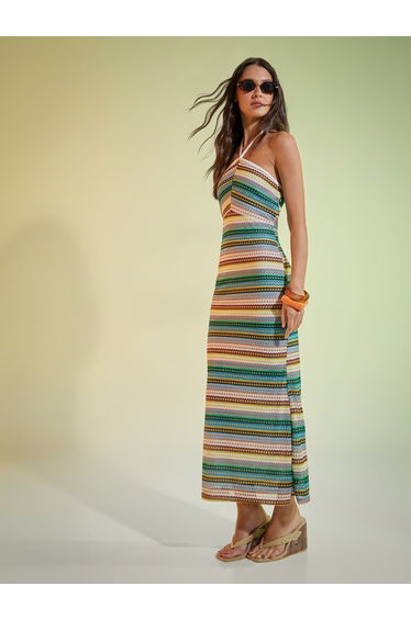 Multi Striped Knit Halter Neck Maxi Dress