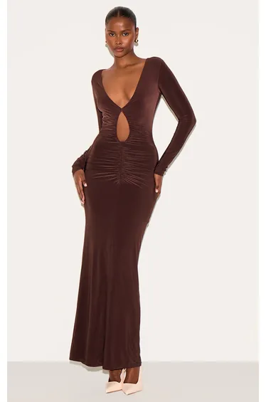 Chocolate Double Layer Plunge Ruched Maxi Dress