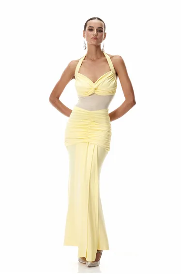 فستان ماكسي بربطة بياقة هالتر لون أصفر