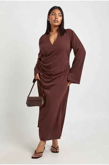 Plus Woven Wrap Drape Detail Midaxi Dress - chocolate