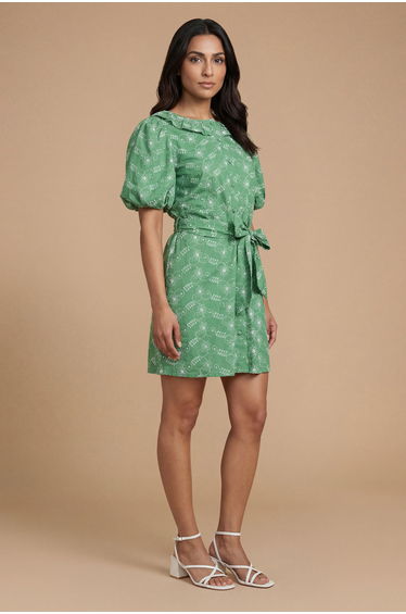Petite Belted Puff Sleeve Embroidered Shirt Dress