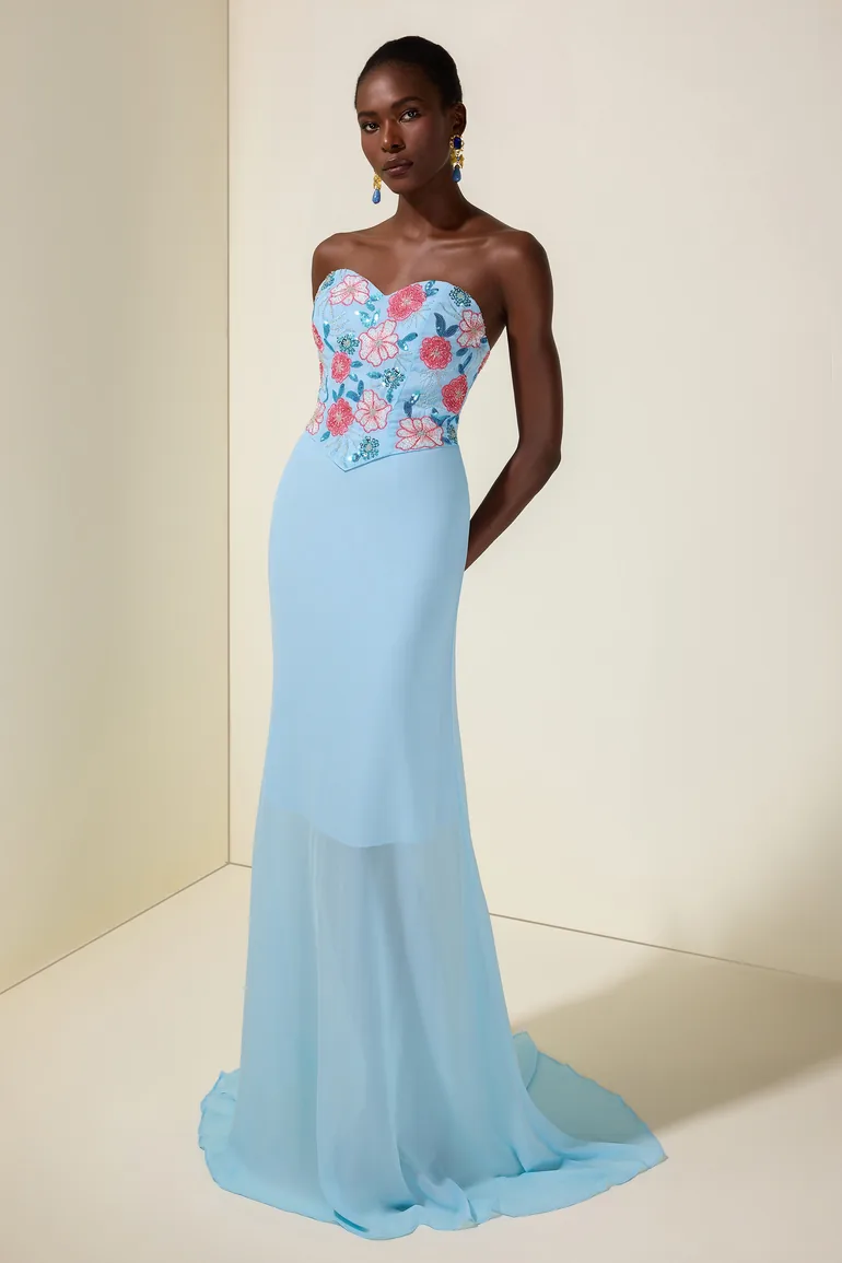 Chiffon Nail Bead Embroidery Off-Shoulder Maxi Dress - 5