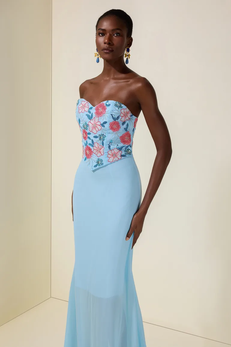 Chiffon Nail Bead Embroidery Off-Shoulder Maxi Dress - 3