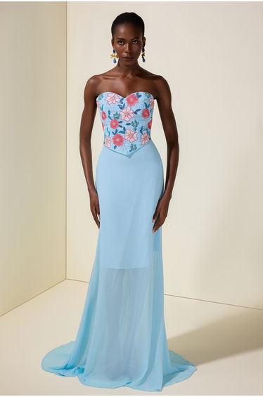 Chiffon Nail Bead Embroidery Off-Shoulder Maxi Dress