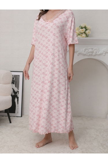 Pink Floral Print Short Sleeve Nightdress