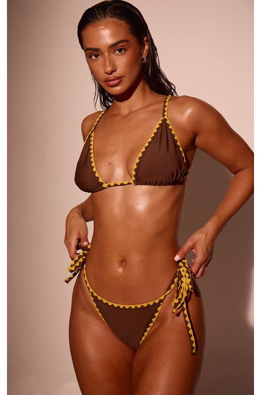 Chocolate Contrast Whipstitch Tie Side Bikini Bottoms