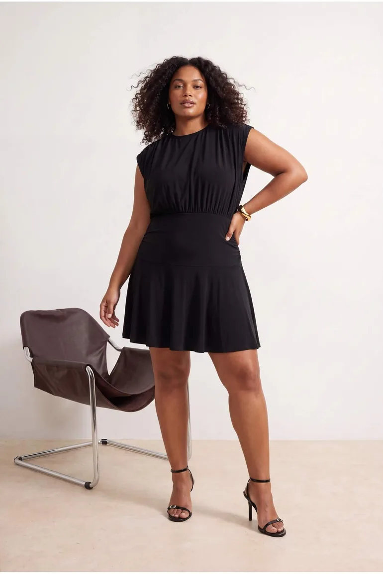 Black Ruched Waist Detail Mini Knitted Plus Size Dress