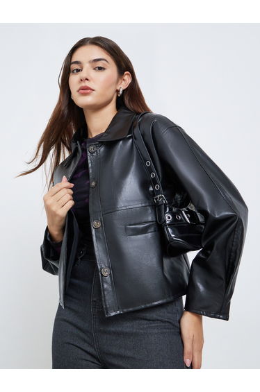 Black Faux Leather Buttoned Jacket