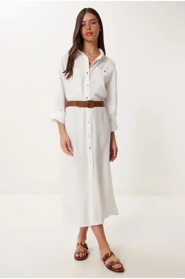 Women's Ecru Belted Modal Shirt Dress