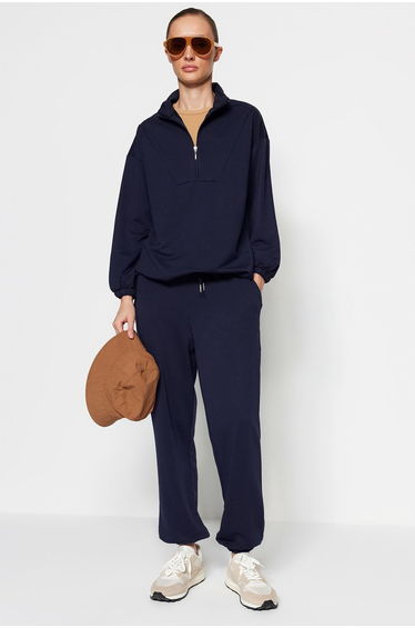 Navy Blue Zipper Stand-Up Collar Hem with Smocking, Knitted Tracksuit Set