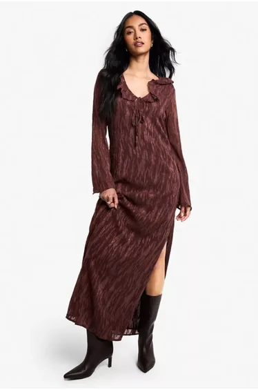 Jacquard Frill Side Split Dress - chocolate