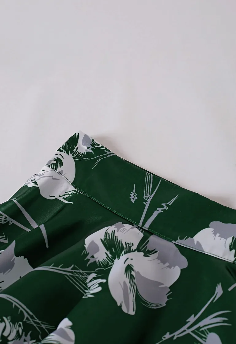 Serene Blossom Tie-Bow Satin Flare Midi Skirt in Dark Green for Dinner Dates & Art Openings - 5