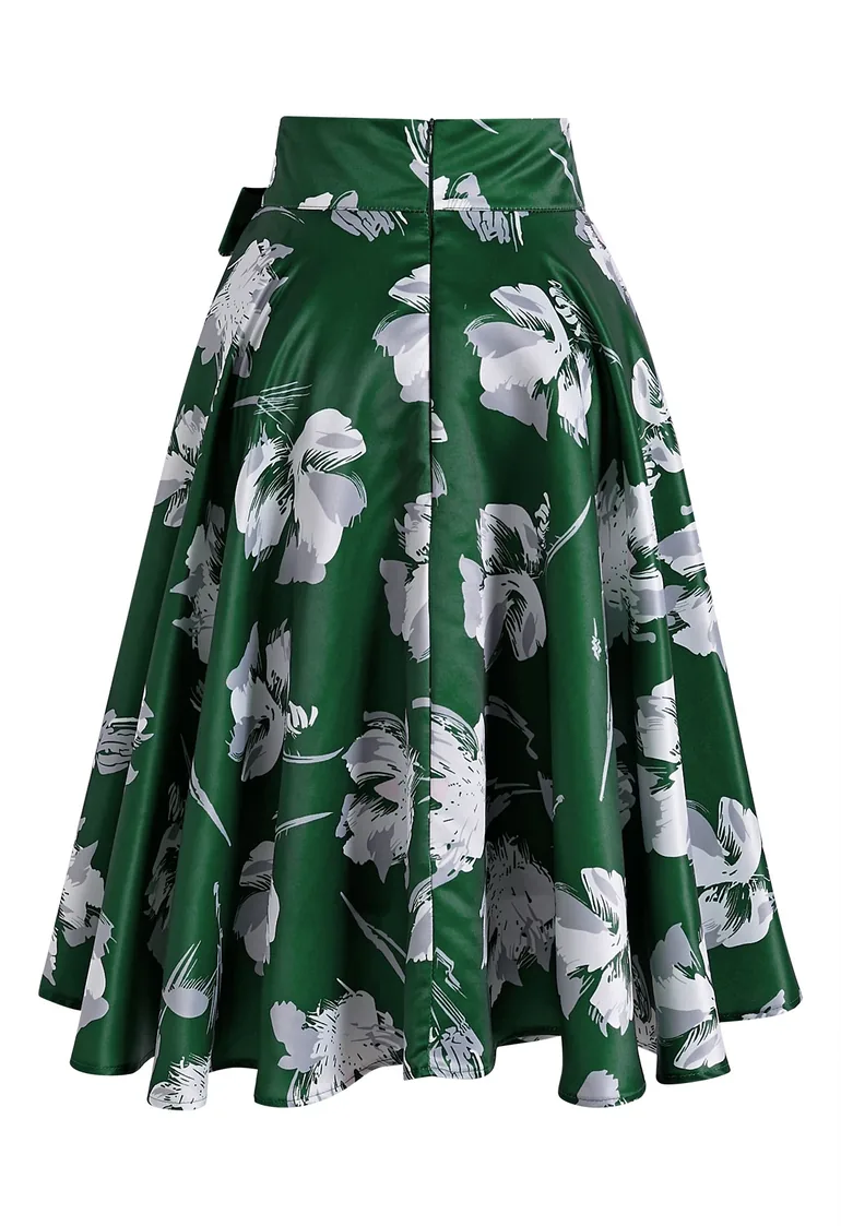 Serene Blossom Tie-Bow Satin Flare Midi Skirt in Dark Green for Dinner Dates & Art Openings - 9