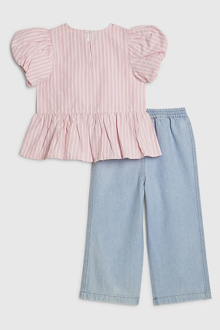 Mini Girls Pink Stripe Top And Jeans Set - 1