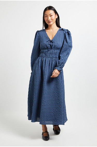 Petite Shirred Waist Tie Detail Gingham Midaxi Dress