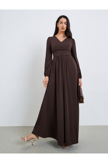 Women Brown Balloon Sleeve Maxi Dress