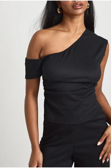 Crinkle Textured Ruched Twist Sleeve Trouser Co - Ord - black