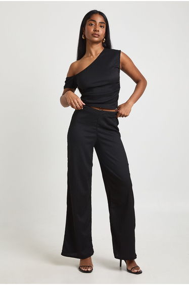 Crinkle Textured Ruched Twist Sleeve Trouser Co - Ord - black