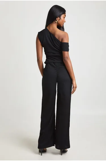 Crinkle Textured Ruched Twist Sleeve Trouser Co - Ord - black