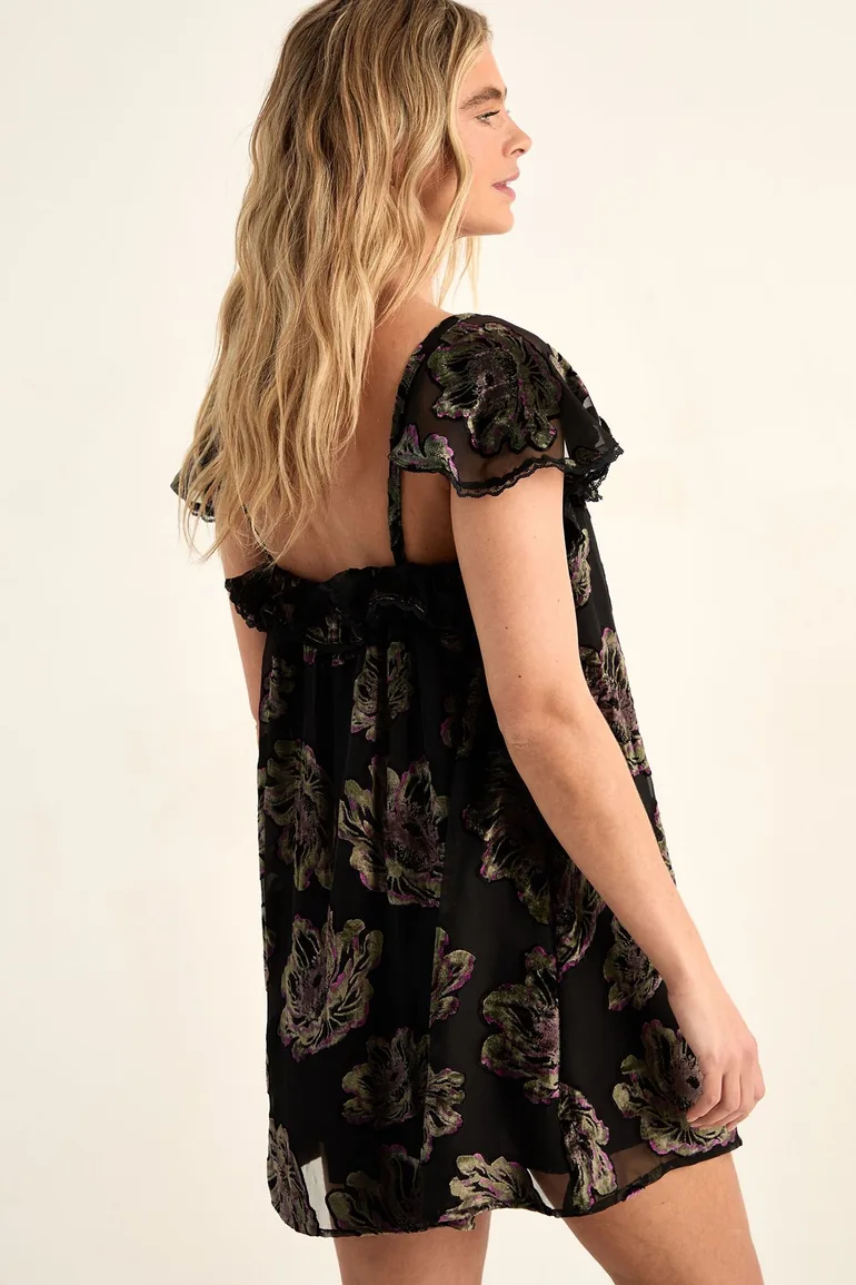devore floral lace trim mini dress Green Devore Floral Lace Trim Mini Dress