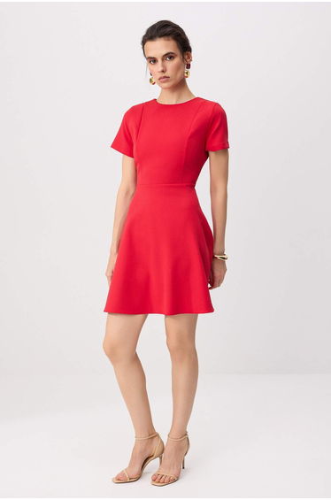 Red Skirt Opening at the Waist Short Sleeve Mini Stretch Woven Dress