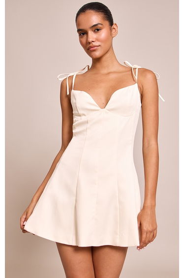 Cream Woven Shoulder Tie Strap Mini Shift Dress