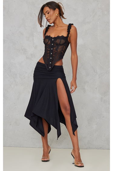 Black Soft Touch Ruched Asymetric Midi Skirt
