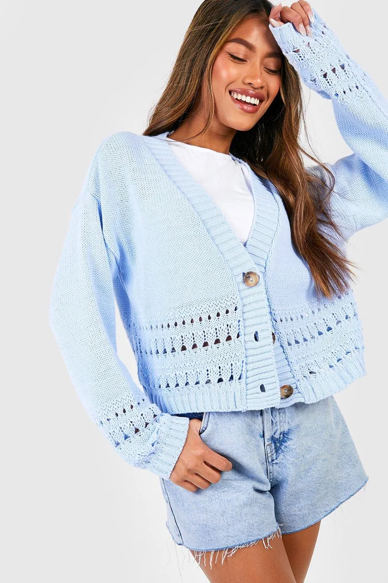 Crochet Hem Crop Cardigan - pastel blue