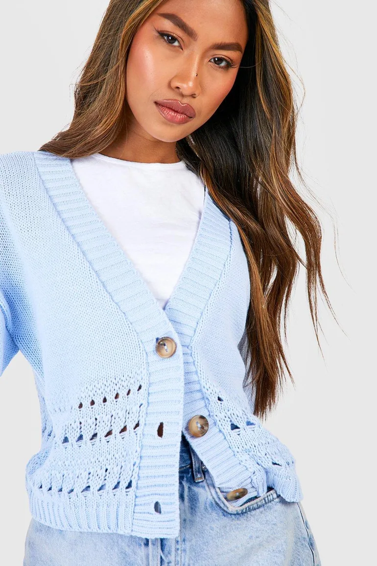 Crochet Hem Crop Cardigan - pastel blue - 3