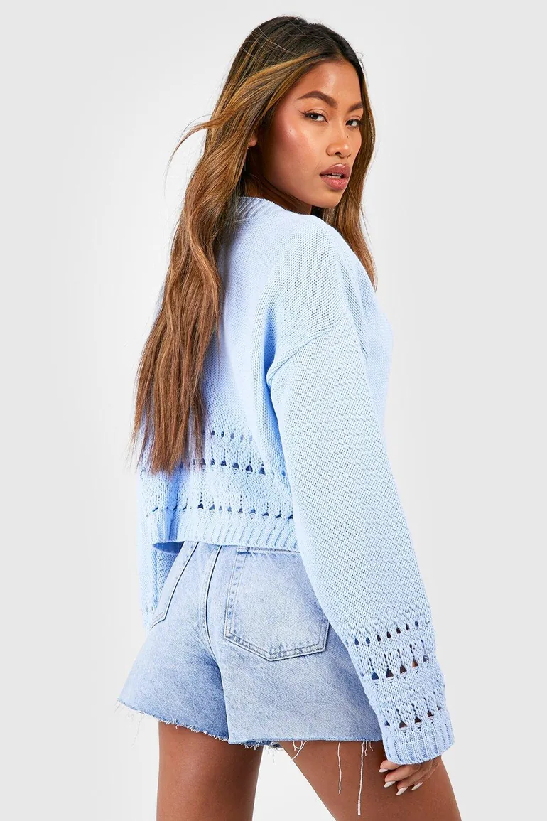 Crochet Hem Crop Cardigan - pastel blue - 1