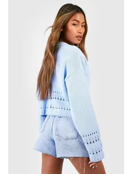 Crochet Hem Crop Cardigan - pastel blue - 1