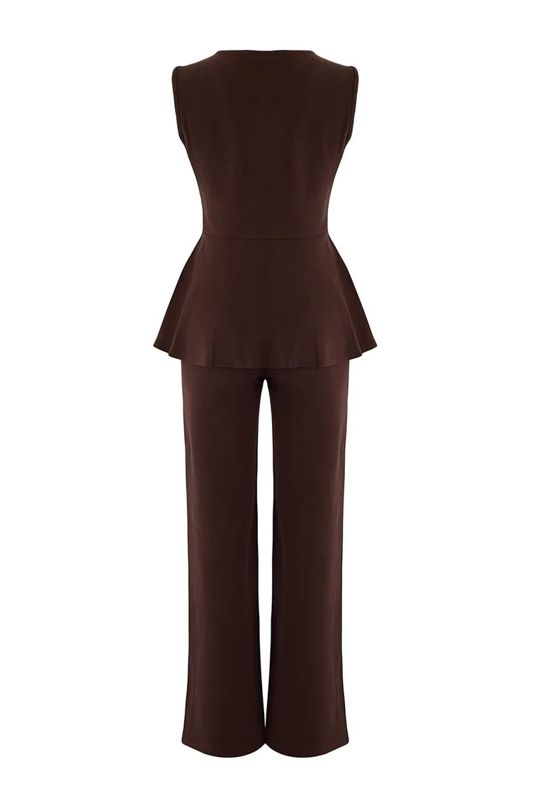Brown Thessaloniki Buttoned Waist Open Wide Leg/Palazzo Bottom Knitted Bottom - Top Set - 1