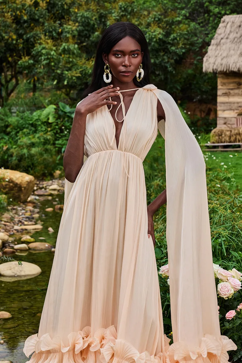Ariane Satin Deep V-Neck Cape Sleeve Midi Dress in Beige - 2