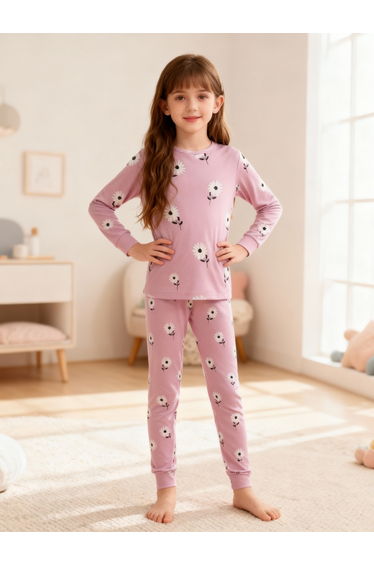 Girls Pink Daisy Print T-Shirt and Pyjama Set