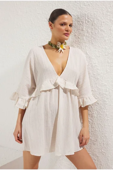 Beige Mini Woven Ruffle Beach Dress