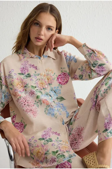 Powder Floral Linen Look Woven Shirt