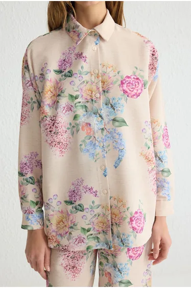 Powder Floral Linen Look Woven Shirt