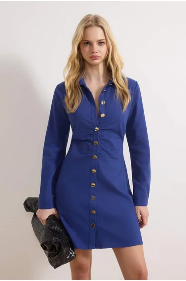 Navy Blue Buttoned Mini Gabardine Woven Dress