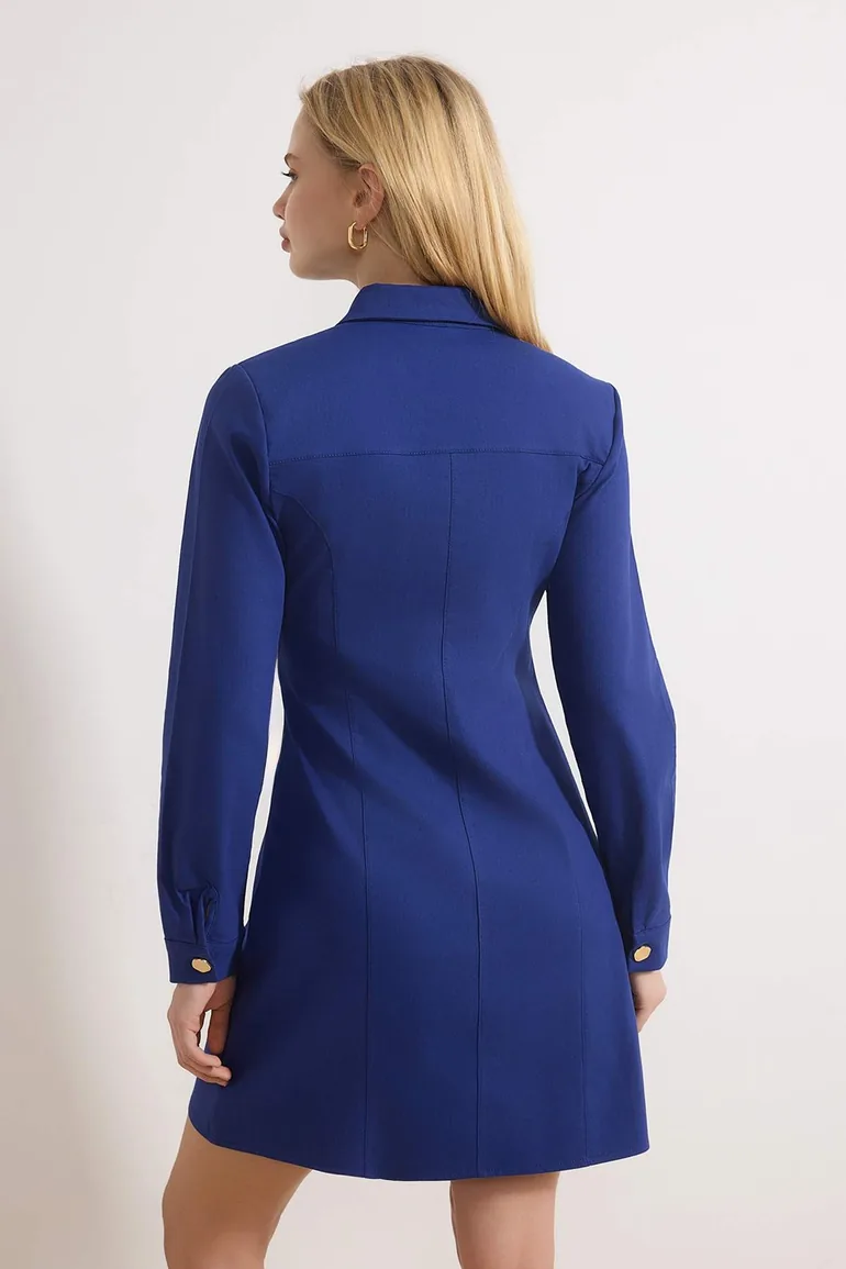 Navy Blue Buttoned Mini Gabardine Woven Dress - 3